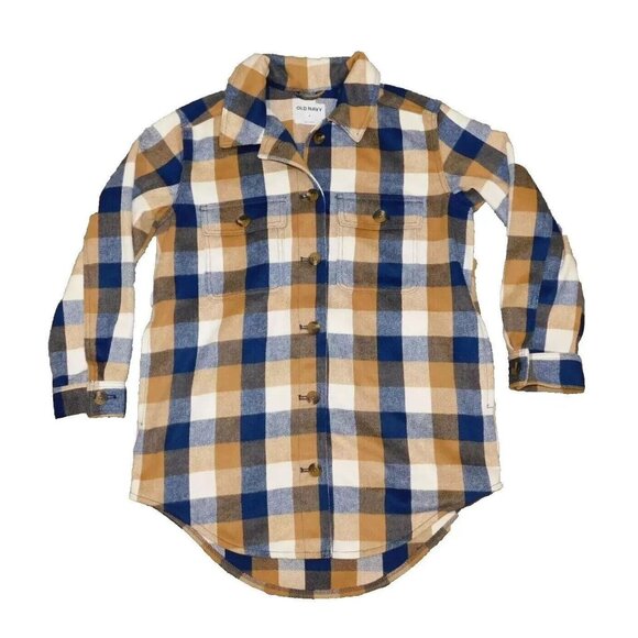 Old Navy Coat Womens Size M Brown Blue Plaid Shacket Button Up Soft Fuzzy Jacket - Picture 1 of 8